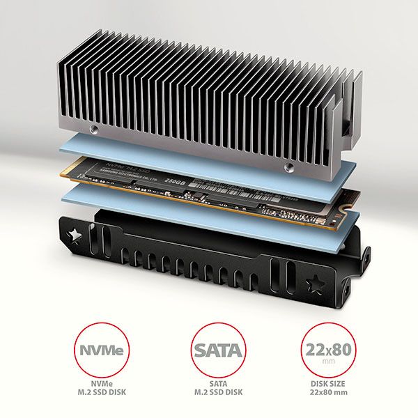 AXAGON CLR-M2XT, hliníkový pasívny chladič pre jedno aj obojstranný M.2 SSD disk, výška 24 mm