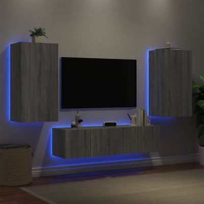 vidaXL 4-dielne TV nástenné skrinky s LED sivé sonoma kompozitné drevo