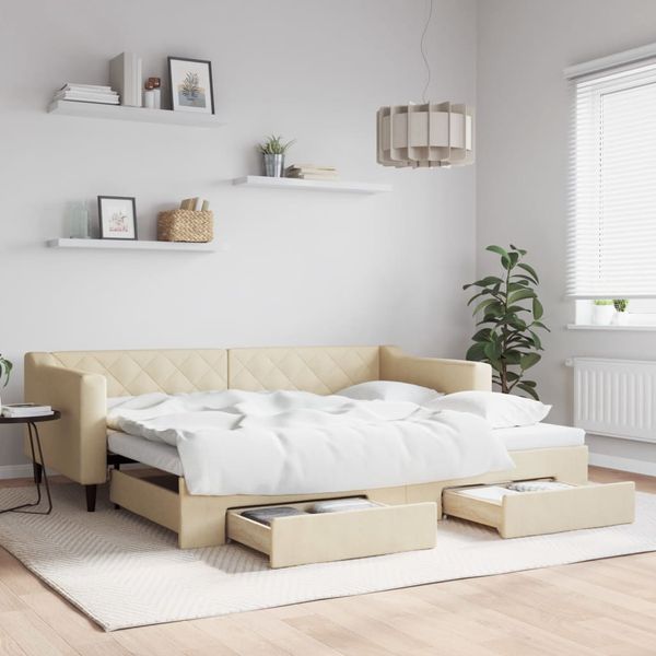 vidaXL Rozkladacia denná posteľ so zásuvkami krémová 90x200 cm látka