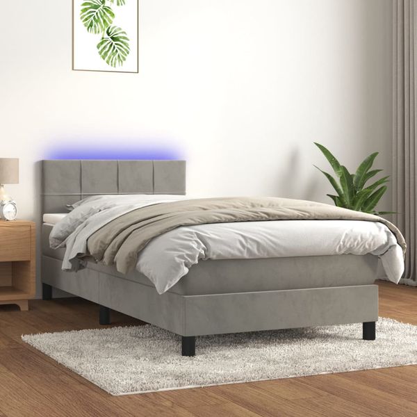 vidaXL Posteľ boxsping s matracom a LED bledosivá 90x200 cm zamat