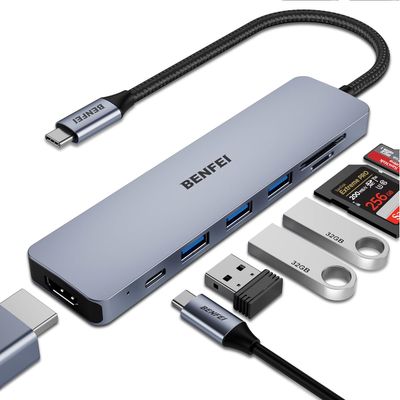 BENFEI adaptérový hub 7 v 1 USB C na 4K HDMI USB C 100W PD 3x USB A SD microSD sivá