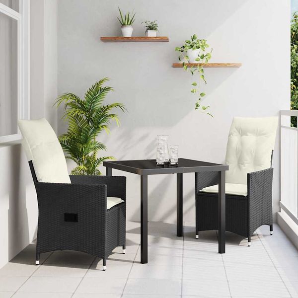 vidaXL Záhradný jedálenský set s vankúšom 3 pcs Čierna polyratan