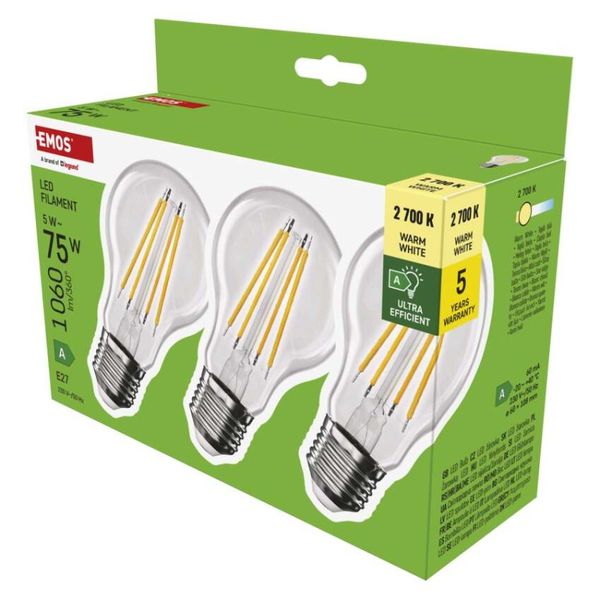 LED žiarovka Filament A60 A CLASS/ E27 / 5 W (75 W) / 1 060 lm / teplá biela