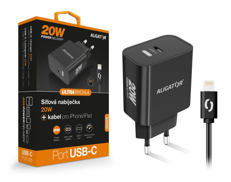 Múdra sieťová nabíjačka ALIGATOR Power Delivery 20W, USB-C kábel pre iPhone / iPad, čierna