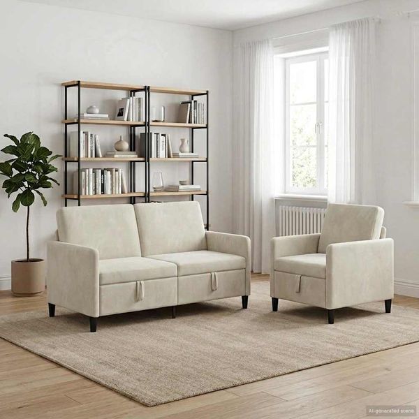 vidaXL Súprava pohovky s úložným priestorom 2 ks Krémová Polyester