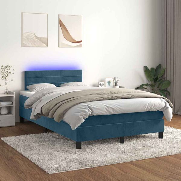 vidaXL Posteľný rám boxsping matrac a LED tmavomodrý 120x200 cm zamat