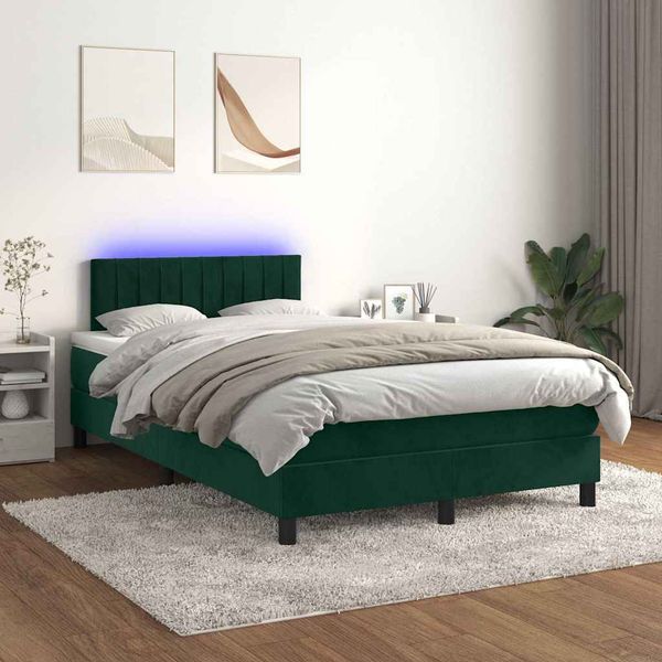 vidaXL Posteľný rám boxsping matrac a LED tmavozelený 120x200 cm zamat