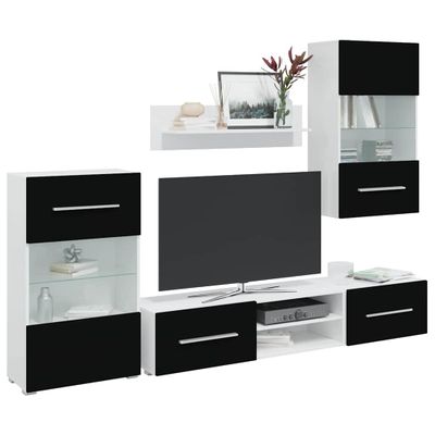 vidaXL 5-dielne TV skrinky s LED osvetlením, matné čierne, intenzívne drevo