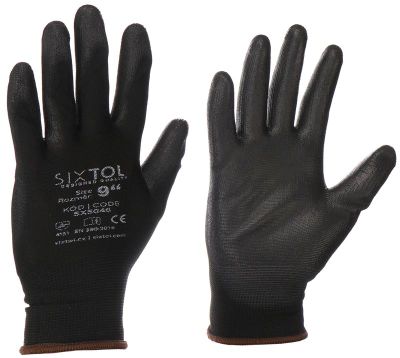 Rukavice pracovné z polyesteru polomáčené v polyuretáne GLOVE PE-PU 9, čierne, veľkosť 9 SIXTOL