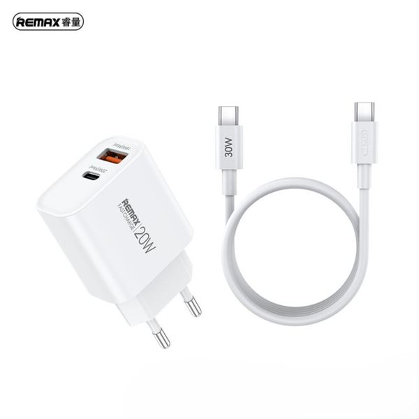 REMAX NÁSTENNÁ NABÍJAČKA So SADOU KÁBLOV 20W RP-U120 USB/USB-C + USB-C NA USB-C KÁBEL BIELY