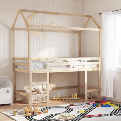 vidaXL Vyvýšená posteľ rebrík strecha 90x190 cm masívna borovica