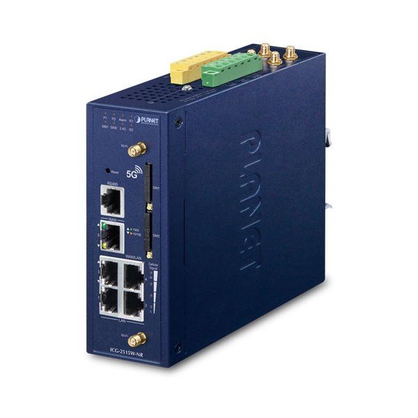 Planet dual 5G/LTE bezpečnostní brána, 2x WAN + 3x LAN, DI/DO, GPS, WiFi, DIN, IP30, -45/+75°C, dual 9-54VDC Bezpecnostní brána, 3x LAN, 1x LAN/WAN, 1x WAN, 5G NR, LTE, GPS, 2x SIM slot, Wi-Fi, DIN, IP30, -40 až +75°C, dual DC 9-54V
