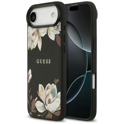 Puzdro Guess Grained Flowers Classic Logo MagSafe pre iPhone Air čierne