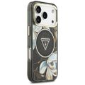 Guess Case Magsafe IML Case Glitter Flowers And Triangle With Metal Camera Frame And Buttons For iPhone 17 Pro Max Black