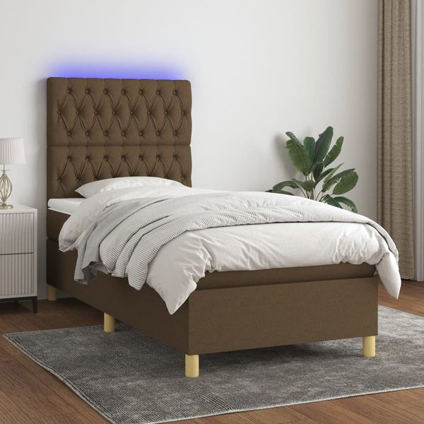 vidaXL Posteľ boxsping s matracom a LED tmavohnedá 90x200 cm látka