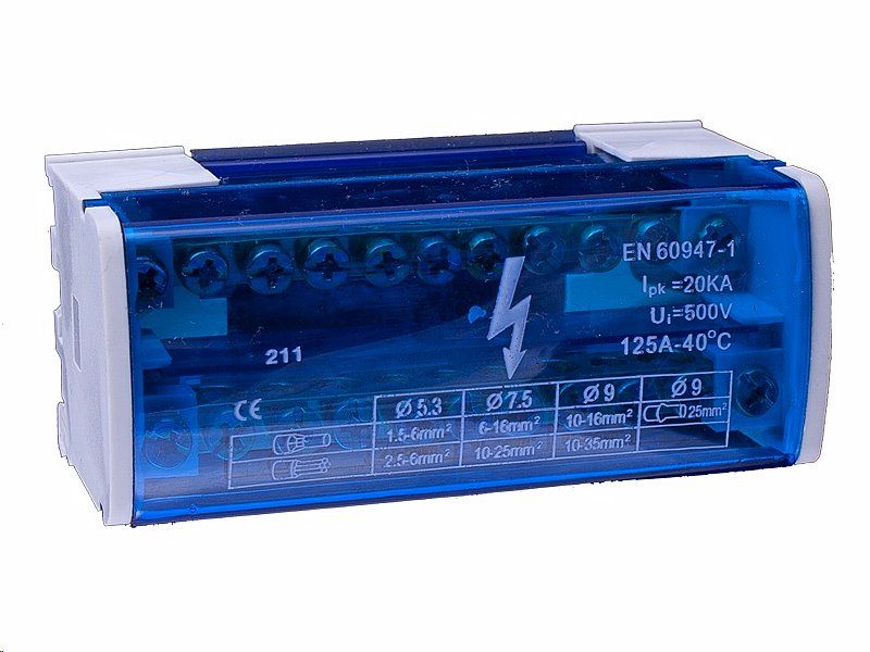 Distribučný blok VCX BLK 211 / 2 póly / 11 otvorov / 125A / na DIN lištu
