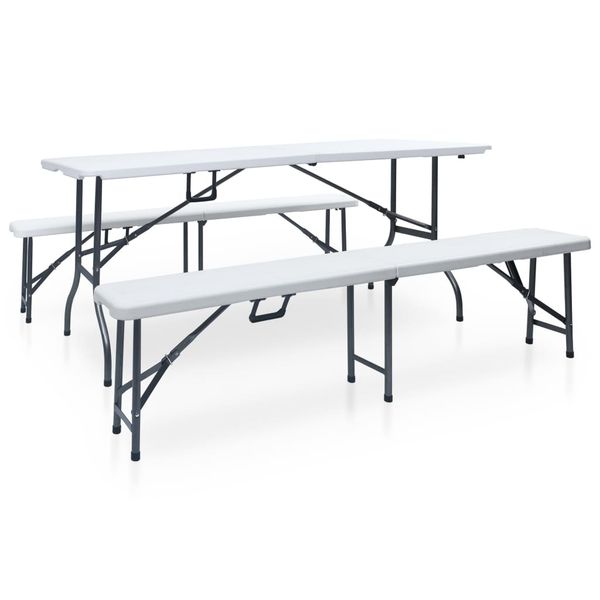 vidaXL Sklápací záhradný stôl a 2 lavičky HDPE a oceľ 180 cm biely