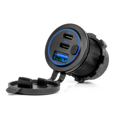 Vodotesná nabíjačka telefónu s vypínačom MODRÉ LED podsvietenie USB + 2xUSB C QC3.0 12/24V AMiO-04596