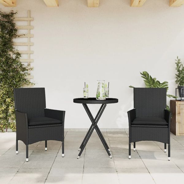 vidaXL 3-dielna bistro súprava s vankúšmi čierna polyratan a sklo
