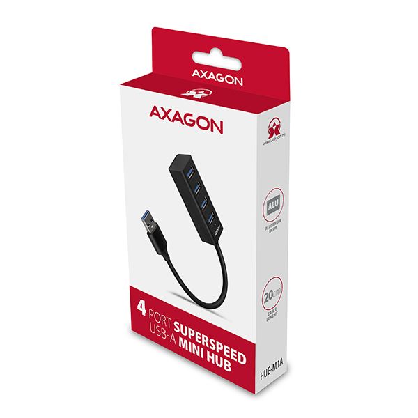 AXAGON HUE-M1A, 4x USB 3.2 Gen 1 MINI hub, kovový, kábel USB-A 20 cm USB Hub, externý, 4x USB 3.0, 0,2 m, kovové telo, čierny