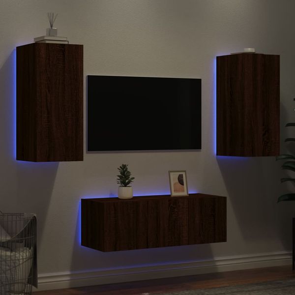 vidaXL 4-dielne TV nástenné skrinky s LED hnedý dub kompozitné drevo