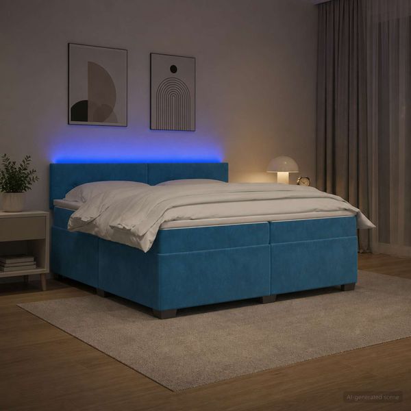 vidaXL Posteľ s boxspringom a matracom a LED Modrá 200 x 200 cm Zamat
