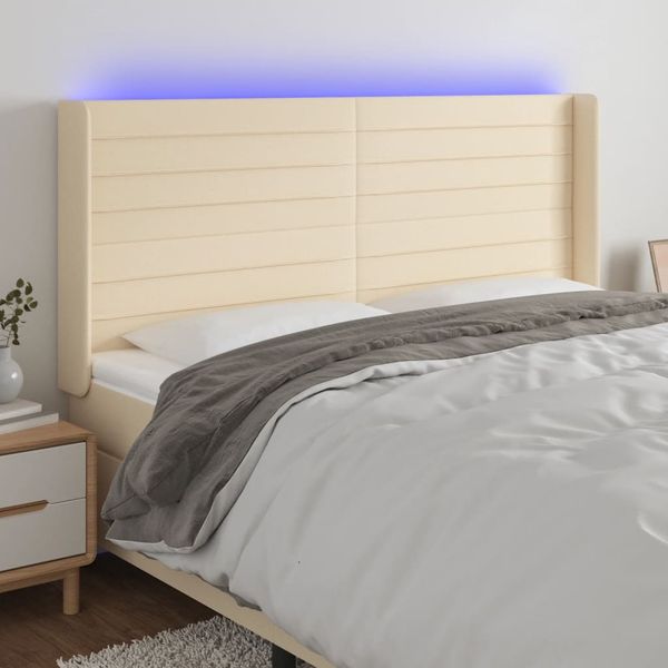 vidaXL Čelo postele s LED krémové 203x16x118/128 cm látka