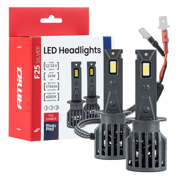 LED žiarovky hlavného svietenia Séria F25 SILVER FULL CANBUS H1 54W 12V 24V AMiO-04701