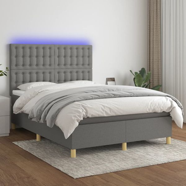 vidaXL Posteľ boxsping s matracom a LED tmavosivá 140x190 cm látka