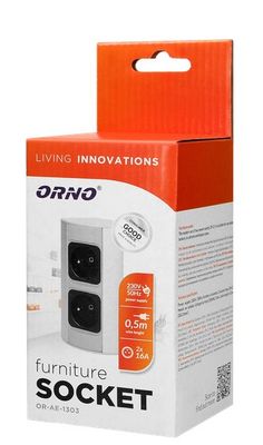 Povrchová zásuvka rohová ORNO OR-AE-1303/G, 2x zásuvka 230V, kábel bez vidlice, strieborná