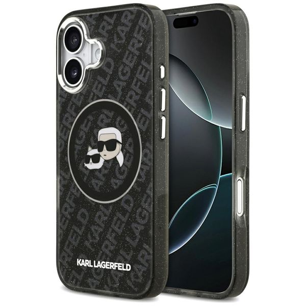 Puzdro Karl Lagerfeld Magsafe IML glitter s kovovým rámčekom fotoaparátu a tlačidlami, hlavičky Karla a Choupette na opakovanom logu KL pre iPhone 17 čierne