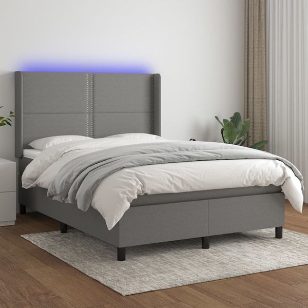 vidaXL Posteľ boxsping s matracom a LED tmavosivá 140x190 cm látka