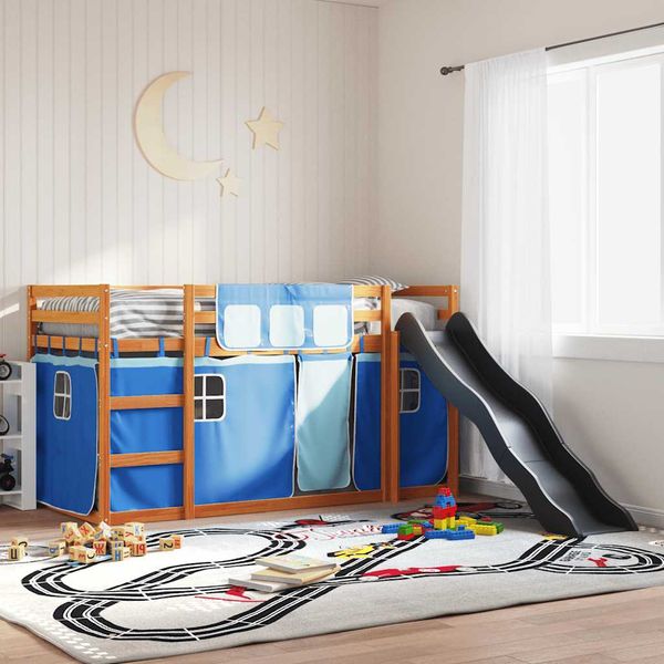 vidaXL Poschodová posteľ šmykľavka a závesy modrá 80x200 cm