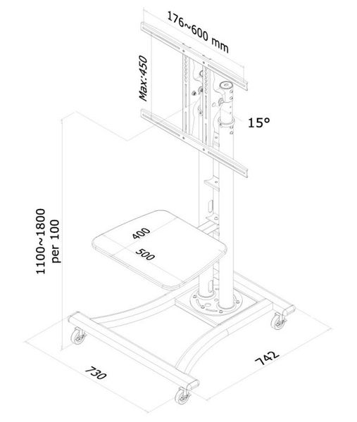 Neomounts PLASMA-M1800E / Mobile Flat Screen Floor Stand (height: 110-180 cm) / Silver Stojan, pojízdný, VESA, pro LCD a TV 27"-70", nosnost 50kg, výška 110-180cm, náklon 15°, police, stríbrno-cerný