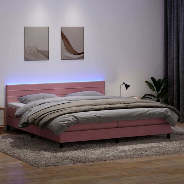 vidaXL Posteľný rám boxsping s matracom a LED ružový 200x220 cm zamat