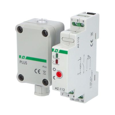 Spínač súmrakový F&F AZ-112 PLUS, 2-1000lux, 16A, 230V, s externým čidlom, IP65, sivý, na DIN