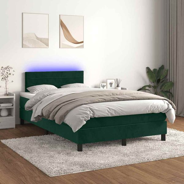 vidaXL Posteľný rám boxsping matrac a LED tmavozelený 120x200 cm zamat