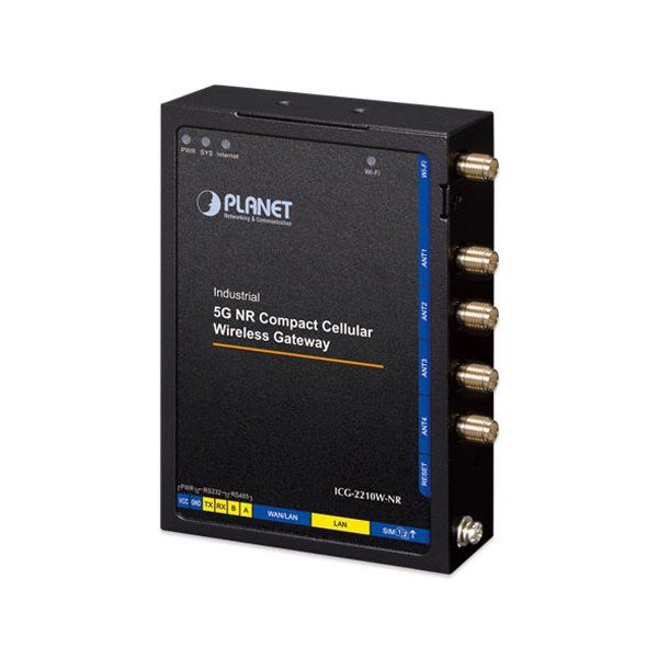 Planet ICG-2210W-NR kompaktní bezdrátová průmyslová brána, 2x1GBASE-T, 5G NR, 2x SIM, VPN, 9-36VDC, -40~75°C, IP30 Bezpecnostní brána, 1× LAN, 1× LAN/WAN, 5G NR, LTE, 2× SIM slot, Wi-Fi, DIN, IP30, -40 až +75°C, DC 9–36V