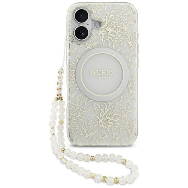 Guess puzdro Magsafe IML puzdro Kvety elektroplatované allover s korálkovým remienkom pre iPhone 17 biela