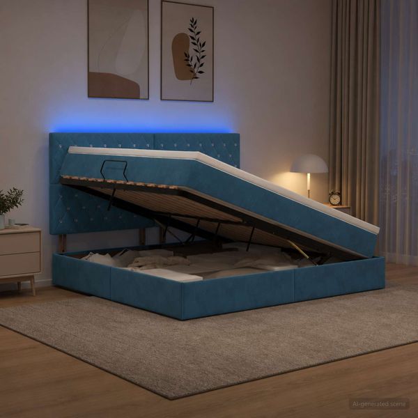 vidaXL LED úložná posteľ s matracom Tmavomodrá 140 x 200 cm Zamat