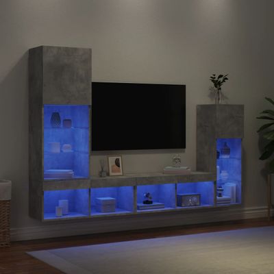 vidaXL 4-dielne TV nástenné skrinky s LED betónovo sivé kompozit.drevo