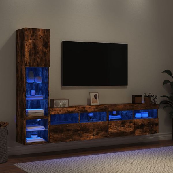 vidaXL 4-dielne TV nástenné skrinky s LED dymový dub kompozitné drevo