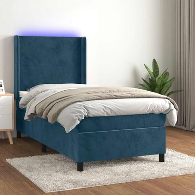 vidaXL Posteľný rám boxsping matrac a LED tmavomodrý 90x190 cm zamat