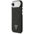 Puzdro Guess Case Magsafe PU Leather Case s trojuholníkovým logom a strieborným kovovým rámom fotoaparátu pre iPhone 17 Air čierne