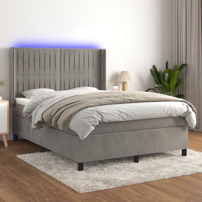 vidaXL Posteľ boxsping s matracom a LED bledosivá 140x200 cm zamat