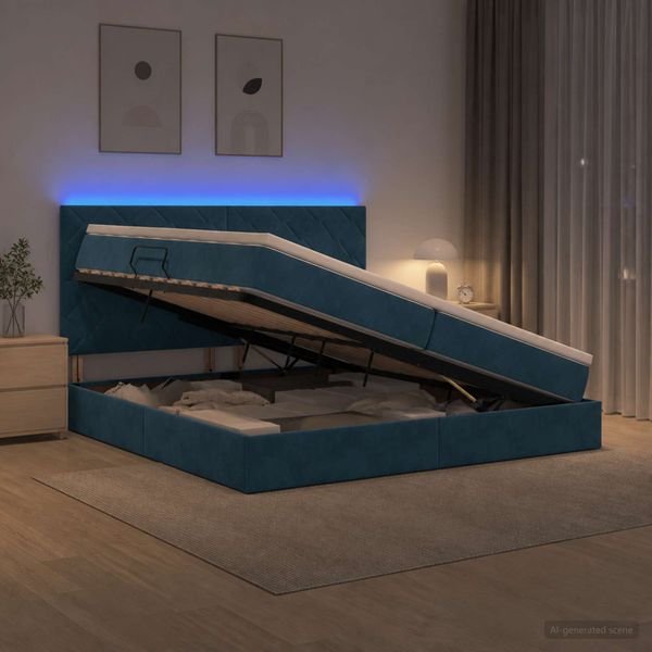 vidaXL LED úložná posteľ s matracom Tmavomodrá 200 x 200 cm Zamat