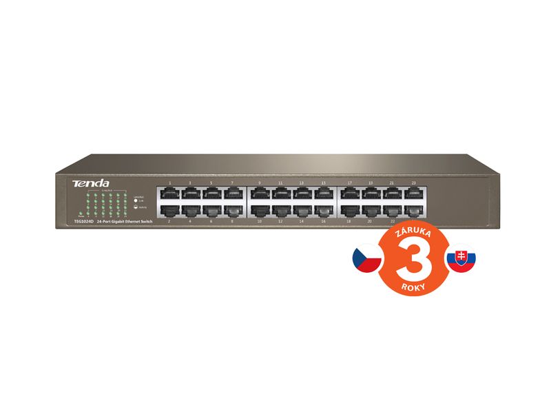 Tenda TEG1024D 24x Gigabit Switch, Fanless-bez ventilátorov, Rackmount, ochrana proti prepätiu