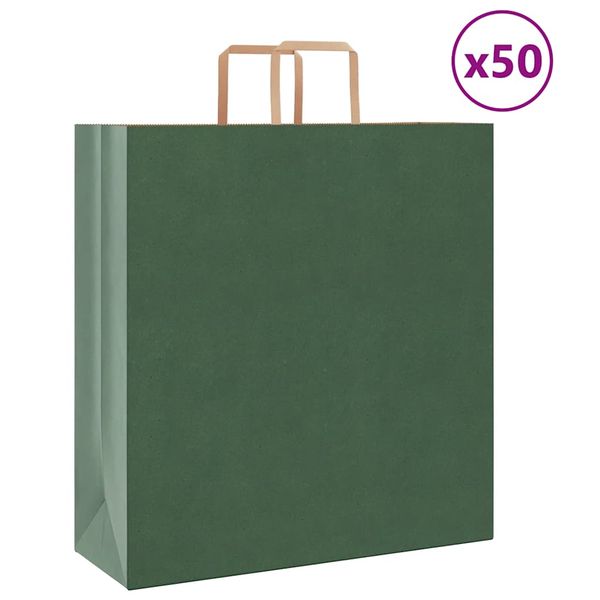 vidaXL Papierové tašky 50 ks s rúčkami, zelené, 45x17x48 cm