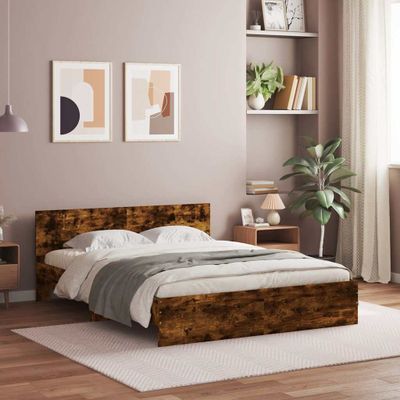 vidaXL Posteľný rám s čelom a LED dymový dub 160x200 cm