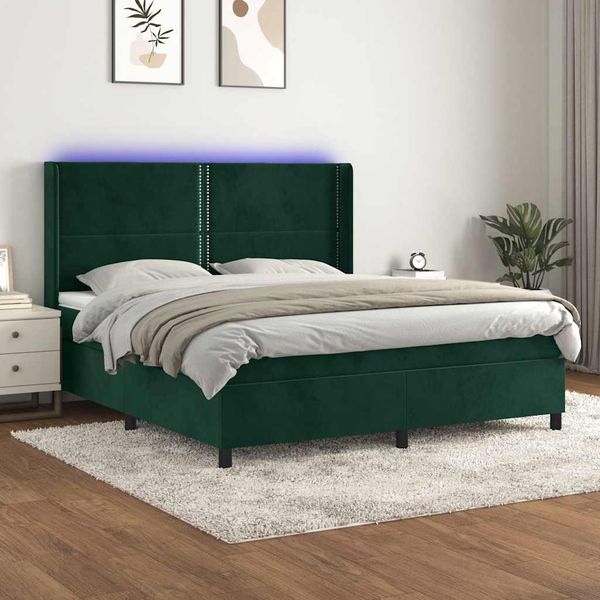 vidaXL Posteľný rám boxsping matrac a LED tmavozelený 160x200 cm zamat